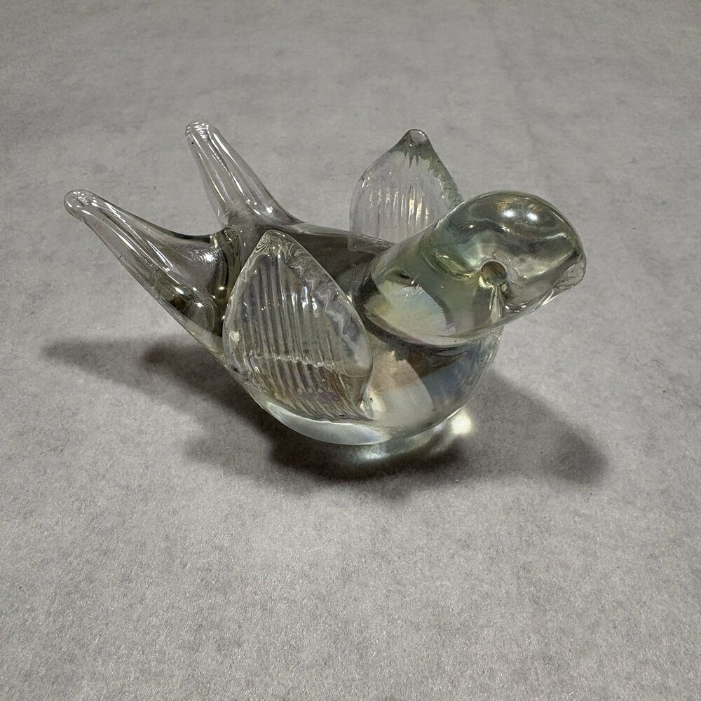Art Glass Bird Figurine Iridescent Clear Hand Blown Mini Paperweight 3.5”